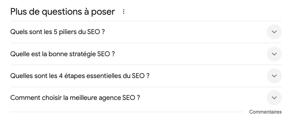Exemple de r&eacute;sultats enrichis PAA ou People Also Ask pour les FAQ